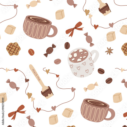 Seamless pattern with coffee cups, latte, cappuccino, cocoa, bow, sweets cookies and beans. Hand drawn vector illustrations