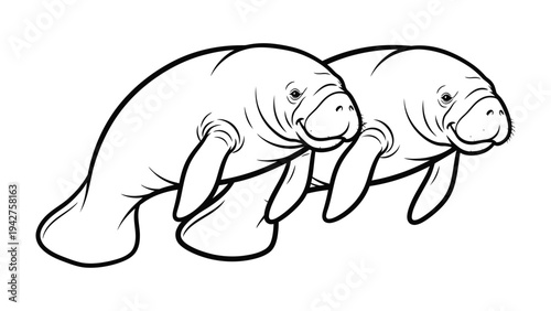 Gentle Sea Mammals: A pair of serene manatees, embodying tranquility and grace, float effortlessly in the ocean, showcasing their unique form and gentle nature.