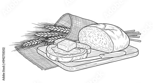 Rustic bread and butter on cutting board with wheat and knife illustration