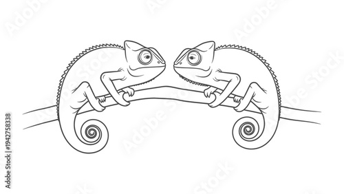 Chameleon on Branch: A detailed sketch captures two chameleons perched gracefully on a tree branch, their unique form and textures are highlighted in a simple monochromatic palette. 