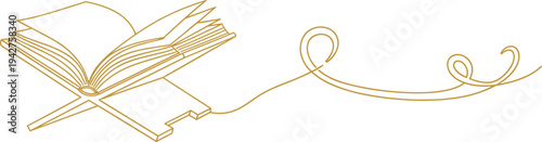 One continuous line drawing of open book on wooden stand with elegant gold swirls for education learning reading and wisdom
