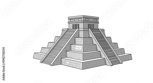 Ancient mayan pyramid in black and white linear style