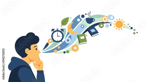 Young man thinking about daily life flow: education, time, and well-being. A conceptual illustration of balanced routine planning.