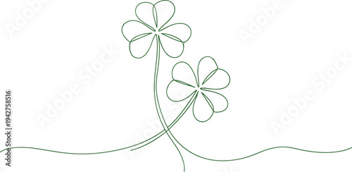 One continuous line drawing of two green three leaf clovers for St Patricks Day luck nature spring and Irish heritageOne