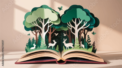 Open book with forest scene and animals popping out paper cutout style on a desk with sunlight