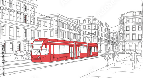 Modern city tram in urban street outline with red accent