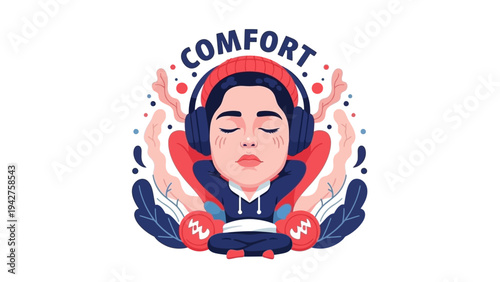 Peaceful graphic illustration of an individual experiencing comfort and relaxation, meditating with headphones amidst decorative organic shapes.
