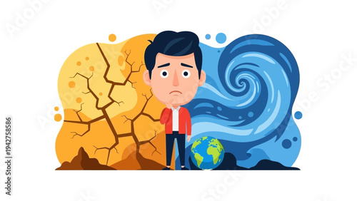 Concerned Man Contemplating Global Environmental Crisis with Drought and Flood Disasters Vector Illustration