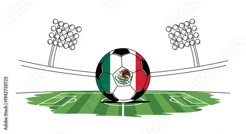 Mexican flag soccer ball on stadium field with stadium lights