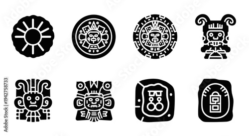 Ancient mesoamerican glyphs: iconic black and white symbols and designs