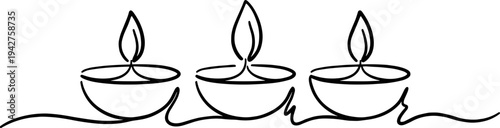 One line drawing of three burning diya oil lamps on white background, a flat vector illustration for Diwali and spirituality.