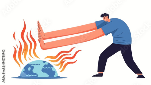 Person pushing global warming flames from Earth, conceptual illustration of climate action, environmental protection.
