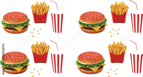 Fast Food Meal Illustration Set Featuring Cheeseburger, French Fries, and Soft Drink Combo for Restaurant Menu and Junk Food Design