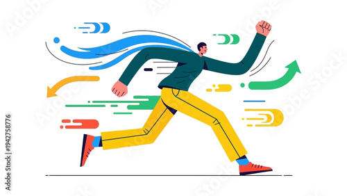 Dynamic illustration of a focused person running with abstract speed lines and arrows, symbolizing progress, efficiency, and swift advancement.