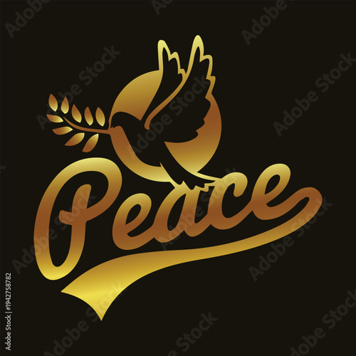 Golden peace dove. Olive branch art. Peace typography. Gold vector bird. Hope symbol icon. Spiritual graphic. Luxury peace sign. Elegant lettering. Flying dove gold. Religious vector.
