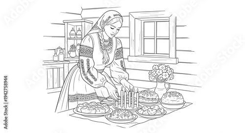 Traditional cooking scene in a rustic kitchen with a woman preparing food