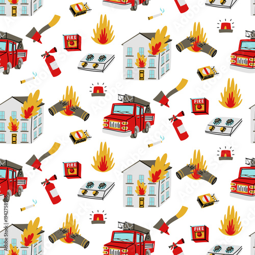 Seamless pattern with colorful flat fire safety icons including truck, burning building and equipment. Background for emergency service posters, firefighter fabric print or safety gear