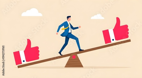 Businessman balancing between two large red thumbs up and thumbs down icons on a wooden seesaw, symbolizing decision-making, choice, and evaluation in business or life.
