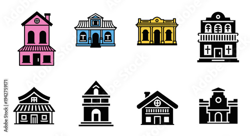 Colorful icon set of various historic building facades in flat style