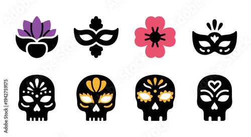 Colorful festival masks and skulls in flat style for celebrations