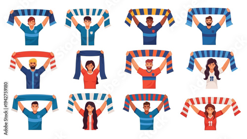 Diverse group of enthusiastic sports fans cheering and celebrating with colorful striped scarves, showcasing team spirit. Vector illustration set.