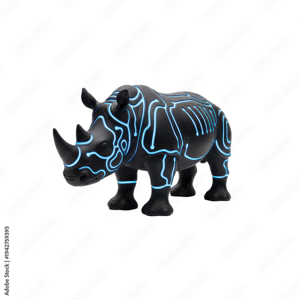 Fototapeta premium Black Rhinoceros Sculpture with Glowing Blue Circuit Pattern
