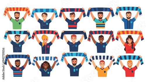 Joyful and Diverse Group of Sports Enthusiasts Cheering with Colorful Scarves, Celebrating an Event in a Lively Atmosphere