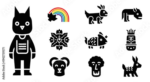 Bold black animal and cultural designs with rainbow accent