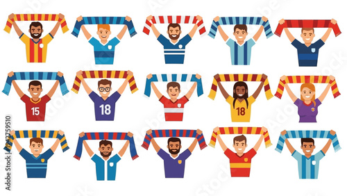 Diverse group of joyful sports fans holding up colorful team scarves, celebrating victory or supporting their favorite club at an exciting event