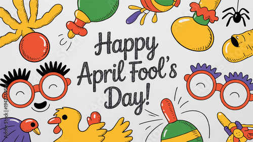 Colorful cartoon characters celebrating happy april fool's day with humorous illustrations and prank items on a light gray background