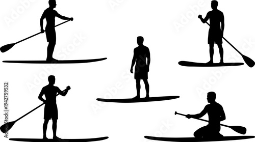 Set of black silhouettes of people stand up paddleboarding in various poses on a white background, flat vector illustration.