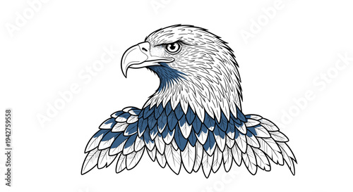 Bold eagle head with detailed feathers in monochrome and blue accents