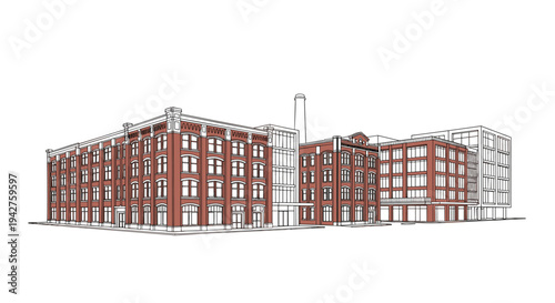 Industrial brick buildings complex in red and white linear style
