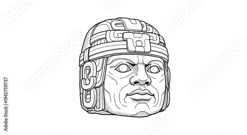 Intricate olmec head sketch with detailed tribal patterns