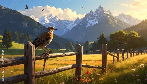 A serene mountain scene featuring a bird perched on a wooden fence, with rolling hills and snow-capped peaks under a sunlit sky
