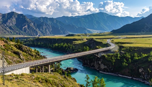 A scenic panoramic shot displaying a curved bridge over a vibrant turquoise river, with vast rolling green hills and majestic mountains under a blue sky