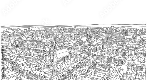 Hand drawn aerial view of urban cityscape with church spires and buildings