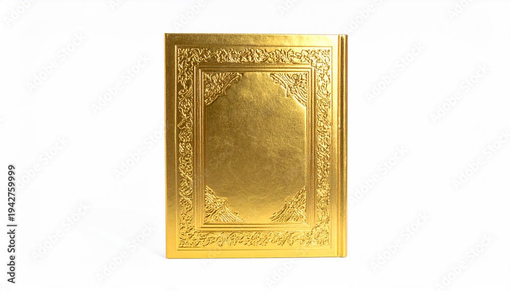 Fototapeta premium Ornate golden book cover with decorative embossed floral patterns on white background