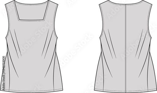 Gray sleeveless dress with diagonal seams and square neckline shown from front and back views 1