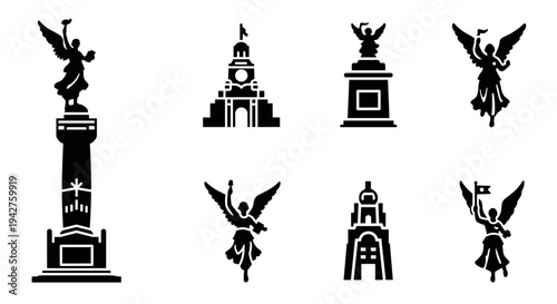 Iconic monument silhouettes featuring angel statues and historic architecture
