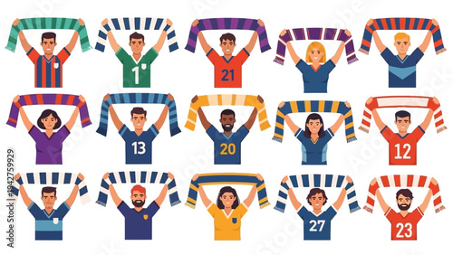 Diverse group of passionate sports fans holding up colorful striped scarves, celebrating and cheering together in a vibrant illustration.