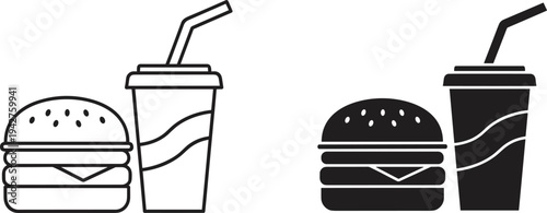 Burger and Soft Drink Icon Set Featuring Fast Food Meal Symbols in Outline and Solid Style for Restaurant and Menu Design