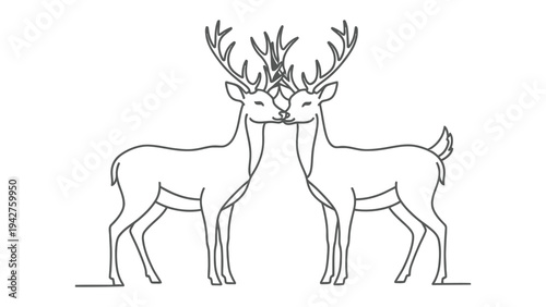 Twin Deer Line Art: Minimalist line art featuring a pair of symmetrical deer with majestic antlers facing each other, embodying balance and harmony in nature.