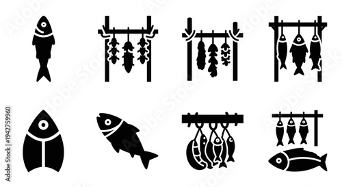 Silhouette fish icons with hanging seafood elements for cooking and fishing concepts