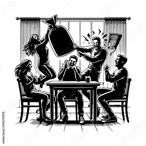 Bold Line Art Illustration – Friends Playing Harmless Pranks Indoors