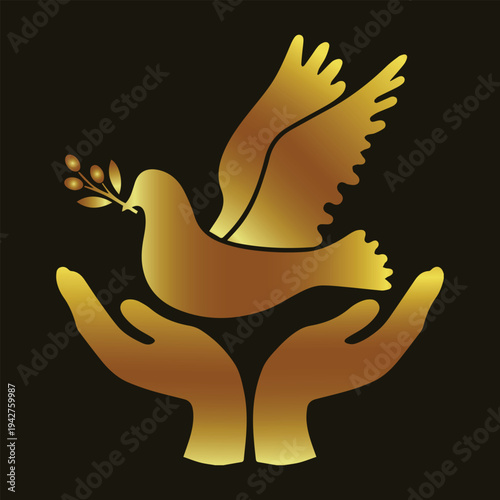 Golden peace dove. Hands holding bird. Olive branch gold. Protection icon. Spiritual vector. Hope symbol art. Luxury peace sign. Elegant dove icon. Care and peace. Religious graphic.