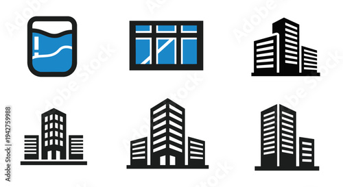 Urban skyline icons set: modern architectural silhouette designs with buildings and windows