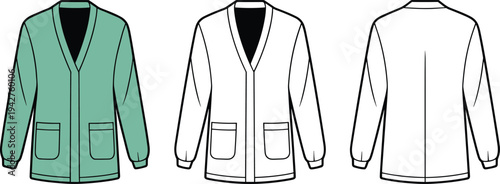 Three different colored jackets with pockets and collars shown from front and back views clothing