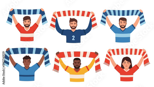 Diverse group of passionate sports fans holding up striped scarves, cheering for their team with enthusiasm; flat vector illustration isolated on white background.