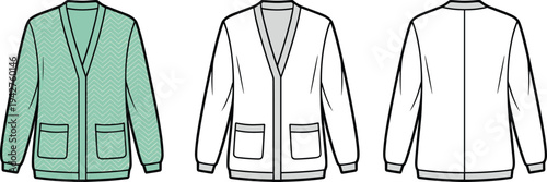 Three different colored vests with pockets and v-neck collars shown from front and back views clothing 1